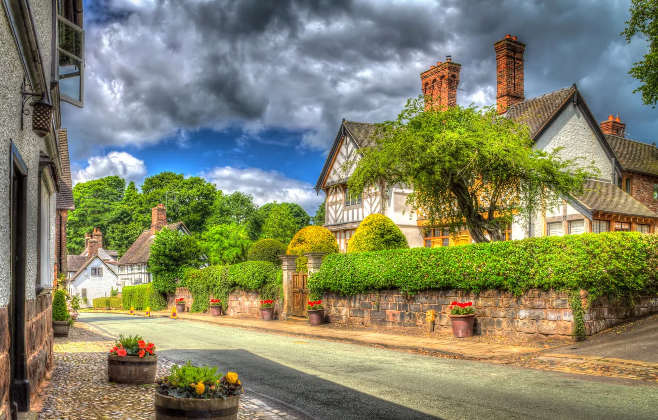 Photo wallpaper clouds, trees, flowers, street, England, home, the bushes, Little Budworth