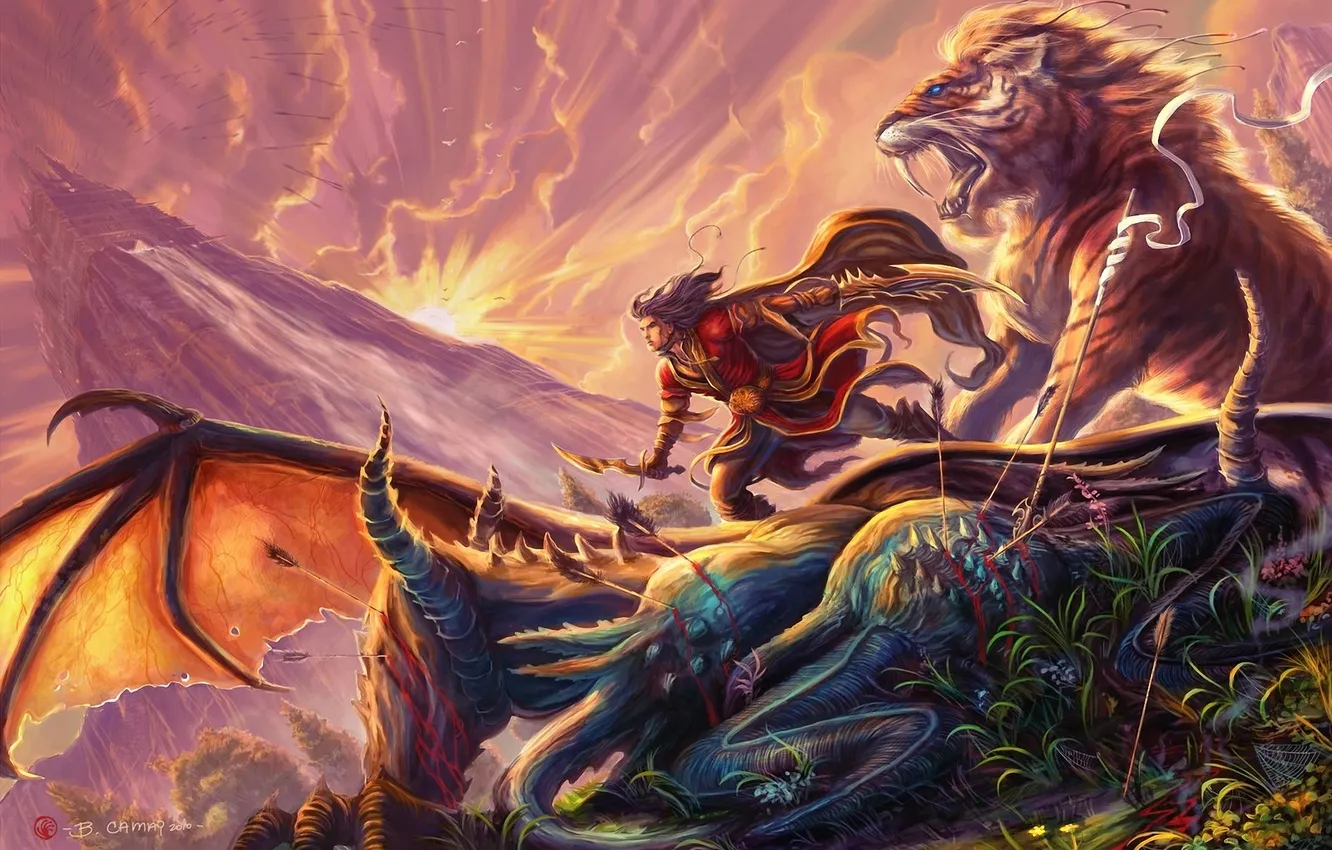 Photo wallpaper tiger, castle, blood, dragon, tower, sword, Leo, art