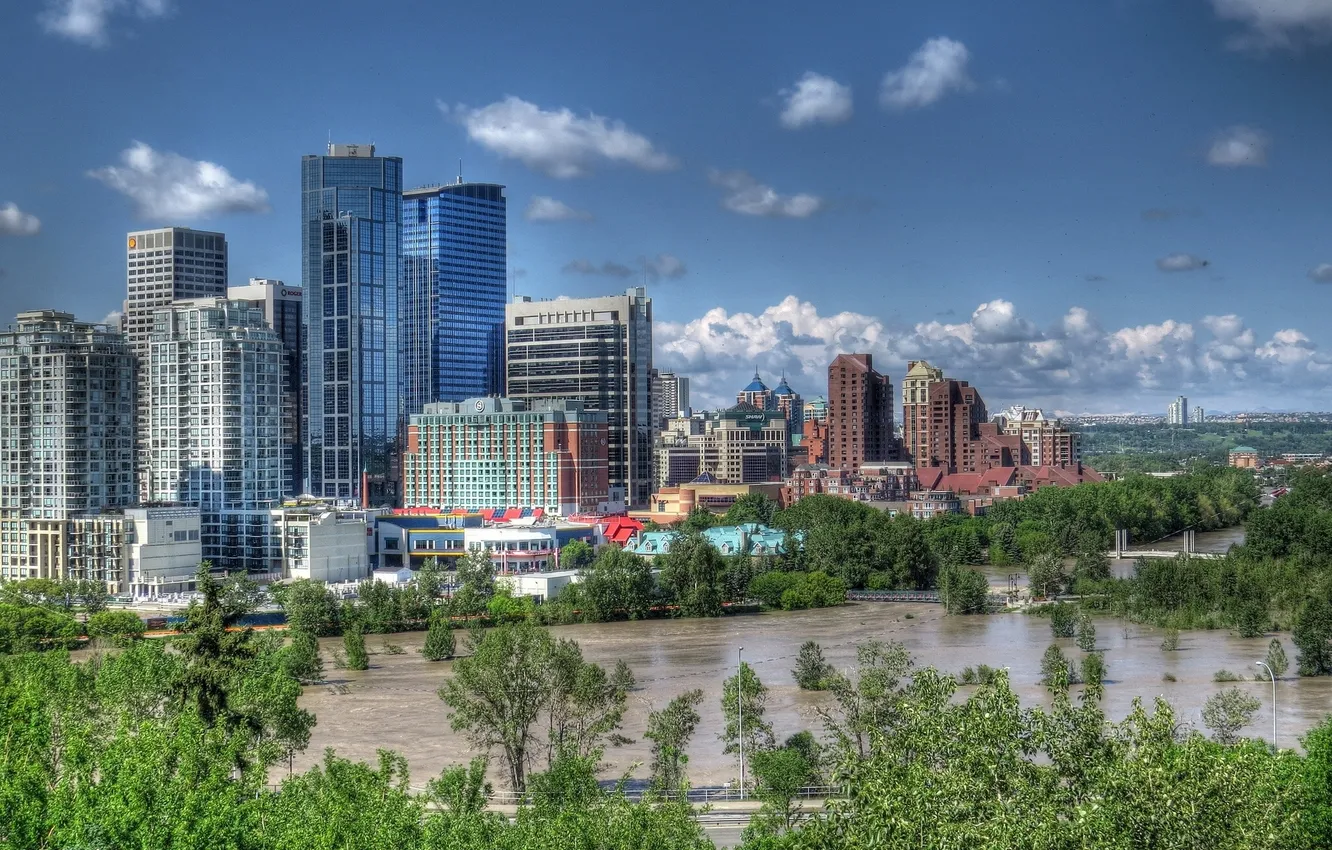 Photo wallpaper trees, building, Canada, panorama, Canada, Calgary, Calgary, the bow river