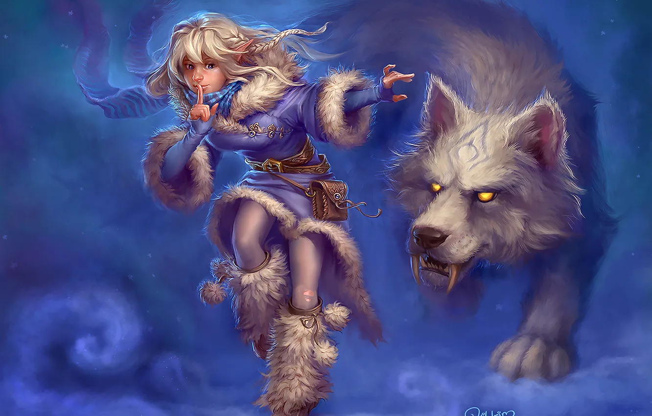 Photo wallpaper winter, wolf, girl