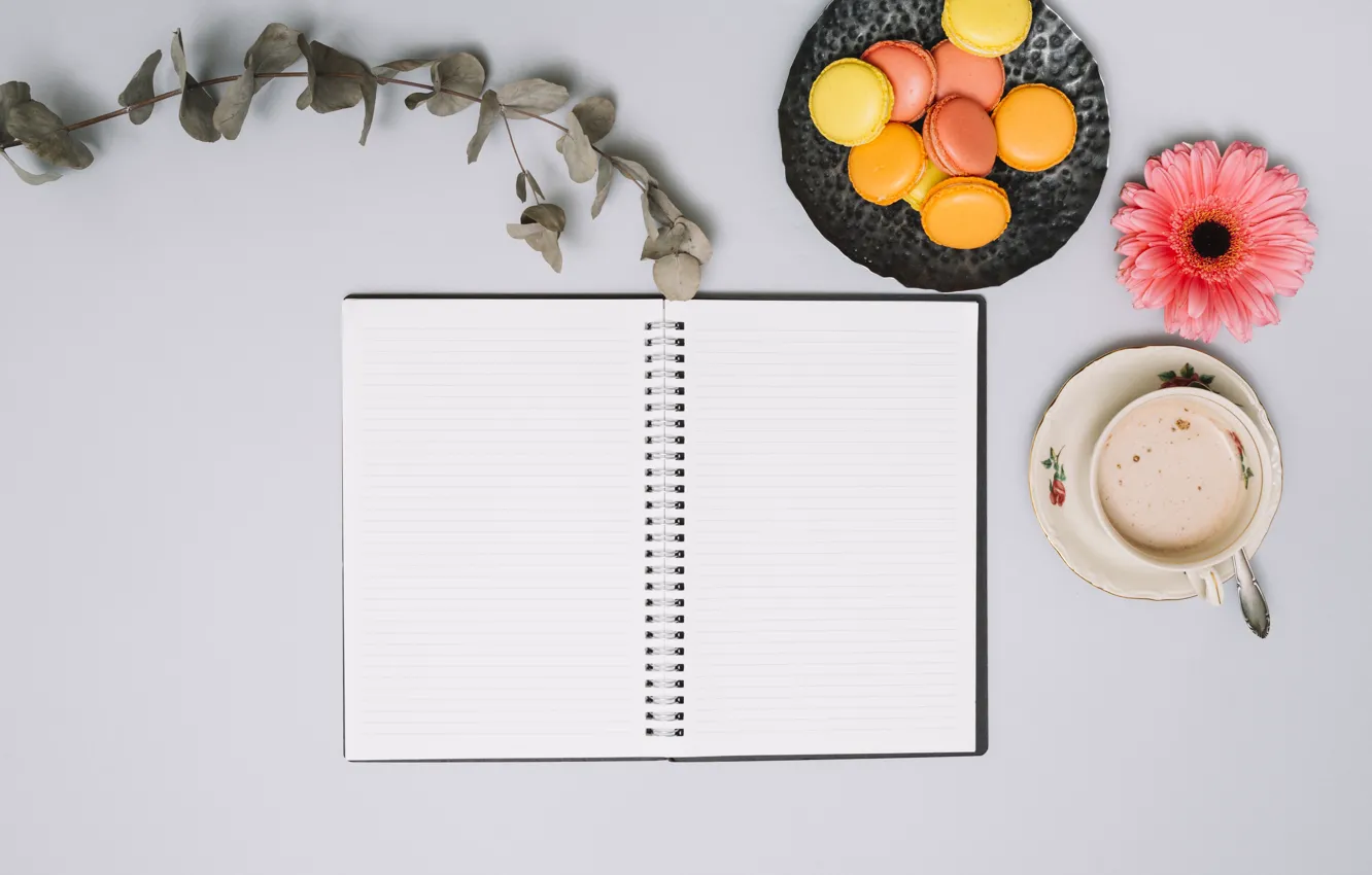 Photo wallpaper flowers, coffee, cookies, Notepad