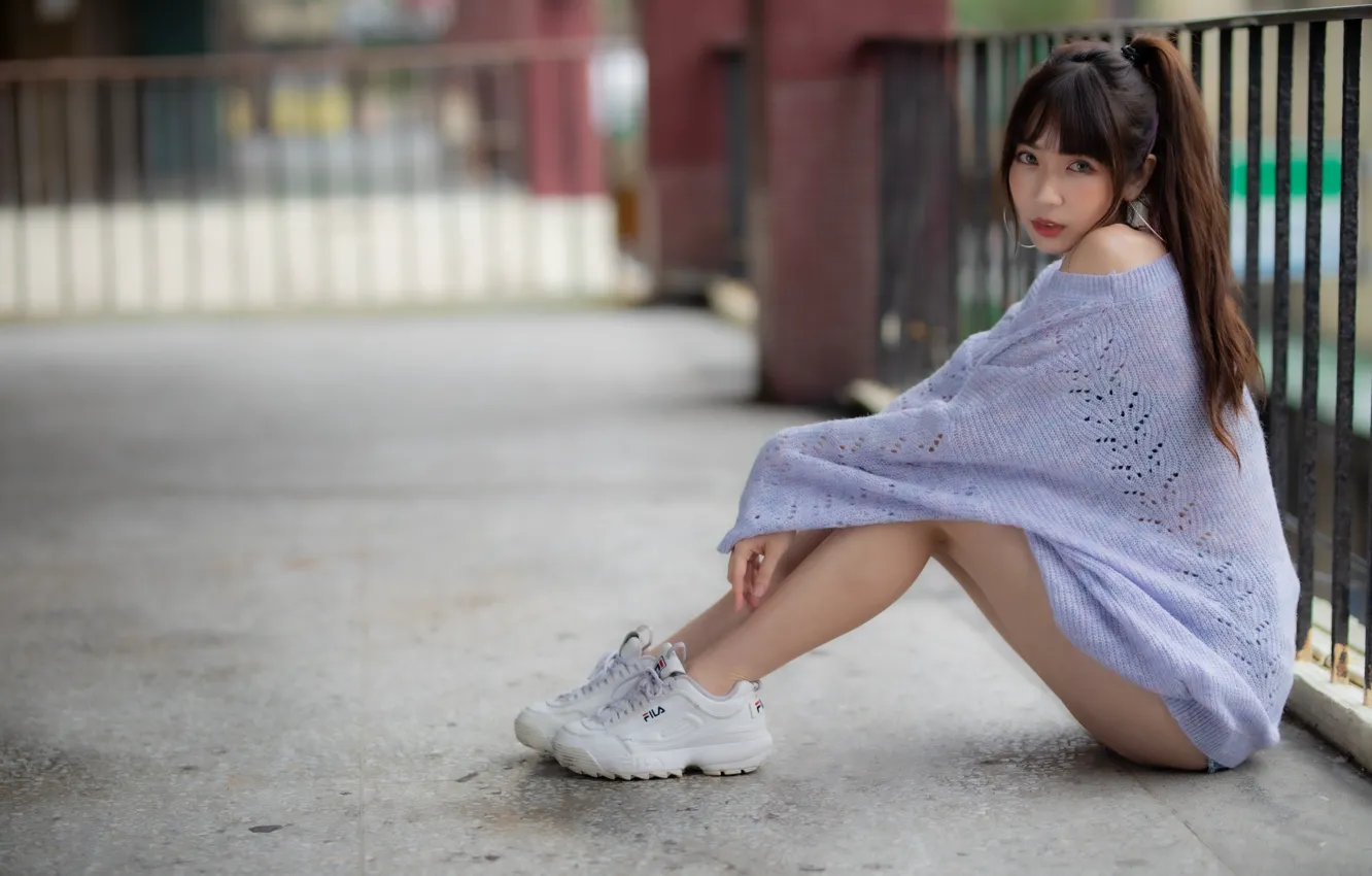 Photo wallpaper look, Asian, sweater, bokeh