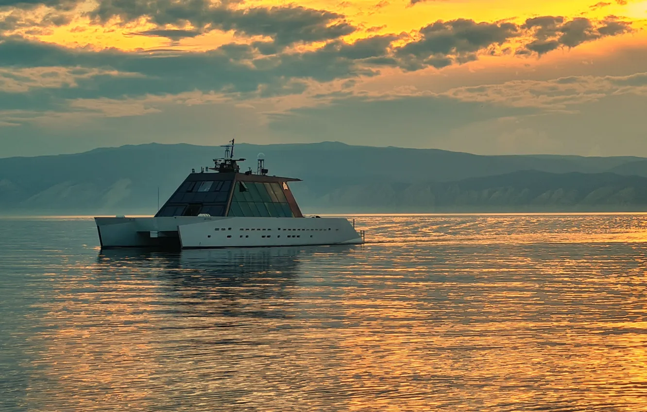 Photo wallpaper the sky, shore, Bay, catamaran, dawn