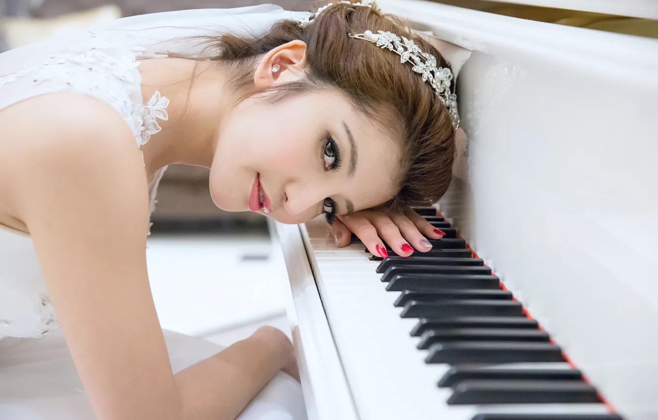 Photo wallpaper look, girl, face, hair, Asian, piano