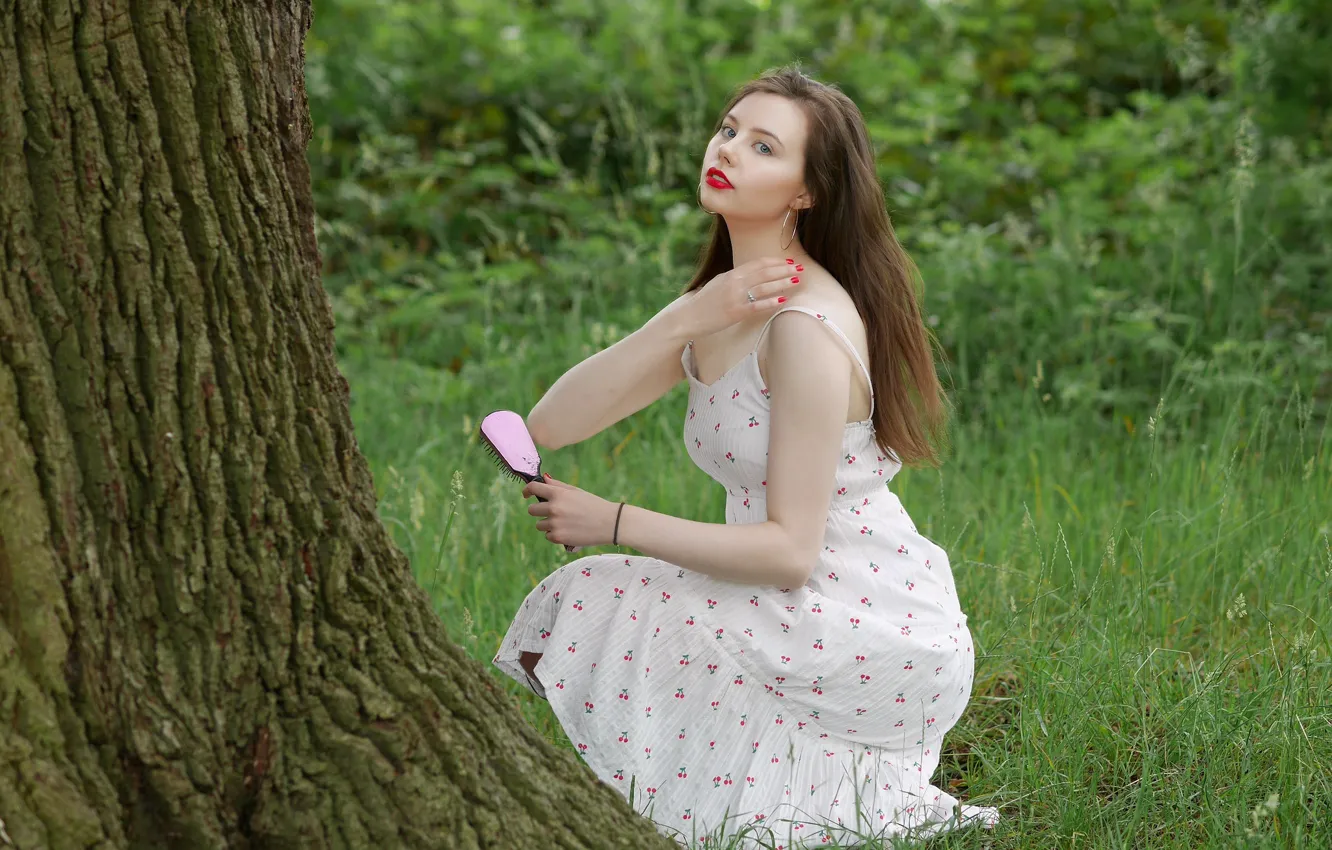 Photo wallpaper girl, trees, hair, dress, Erin