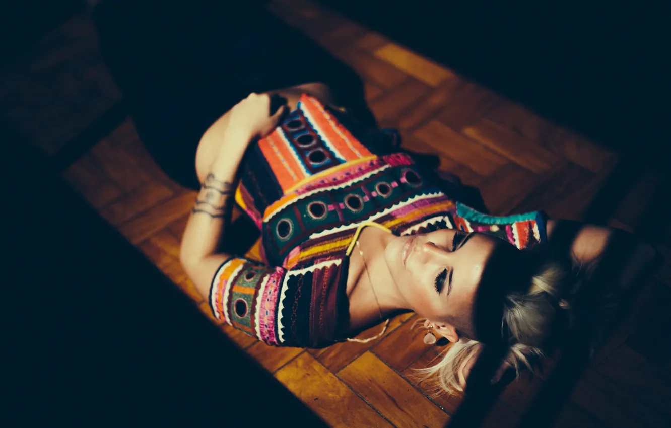 Photo wallpaper light, girl, wood, floor, shadow, sleeping, lying down, ground