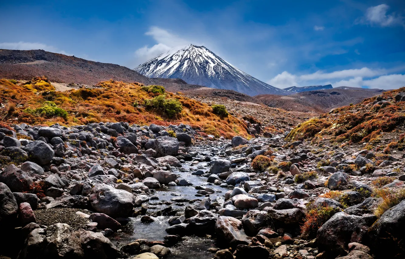 Photo wallpaper mountains, stream, stones