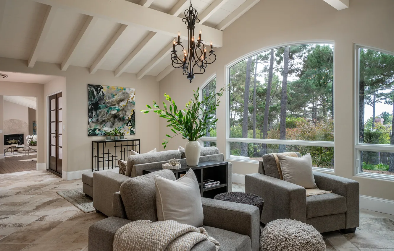 Photo wallpaper sofa, furniture, window, chandelier, living room