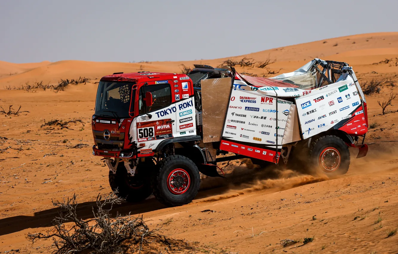 Photo wallpaper sand, desert, truck, rally, 500, Ranger, 2021, Hino