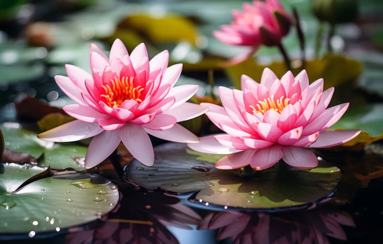 Photo wallpaper leaves, water, flowers, lake, pond, pink, water lilies, Nymphaeum