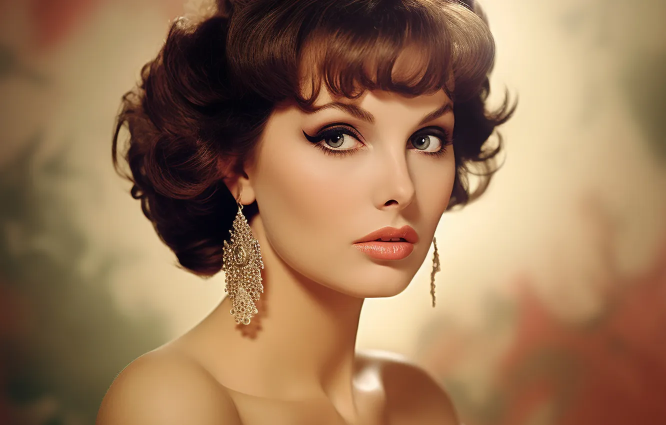 Photo wallpaper look, girl, style, retro, arrows, portrait, earrings, makeup