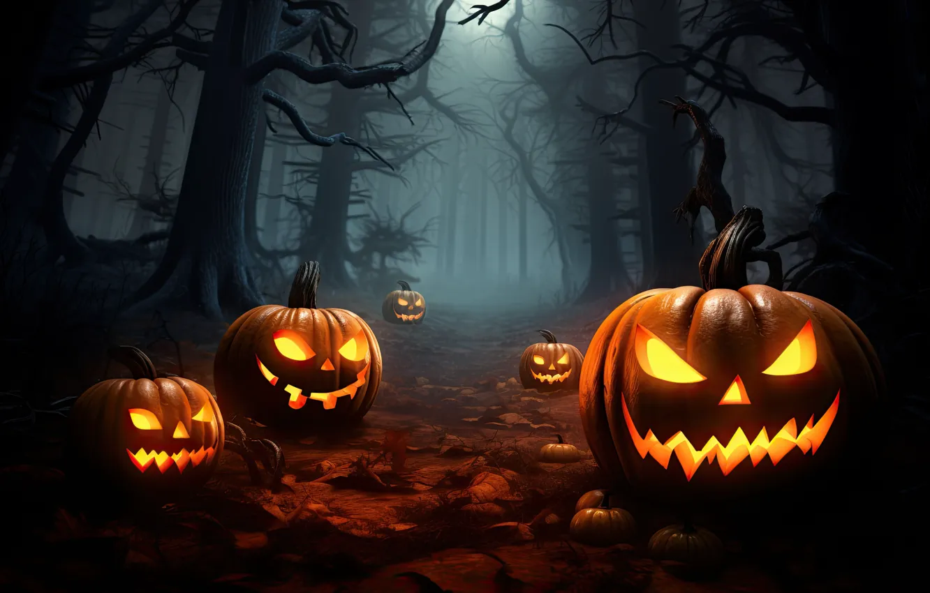 Photo wallpaper road, autumn, light, trees, night, branches, lights, fog