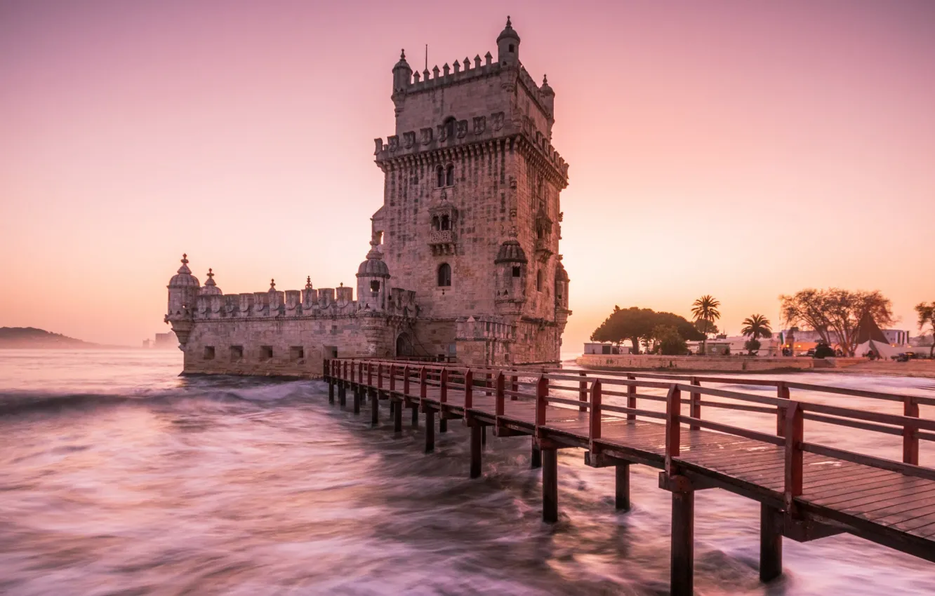 Photo wallpaper city, waves, tower, sky, sea, bridge, sunset, castle