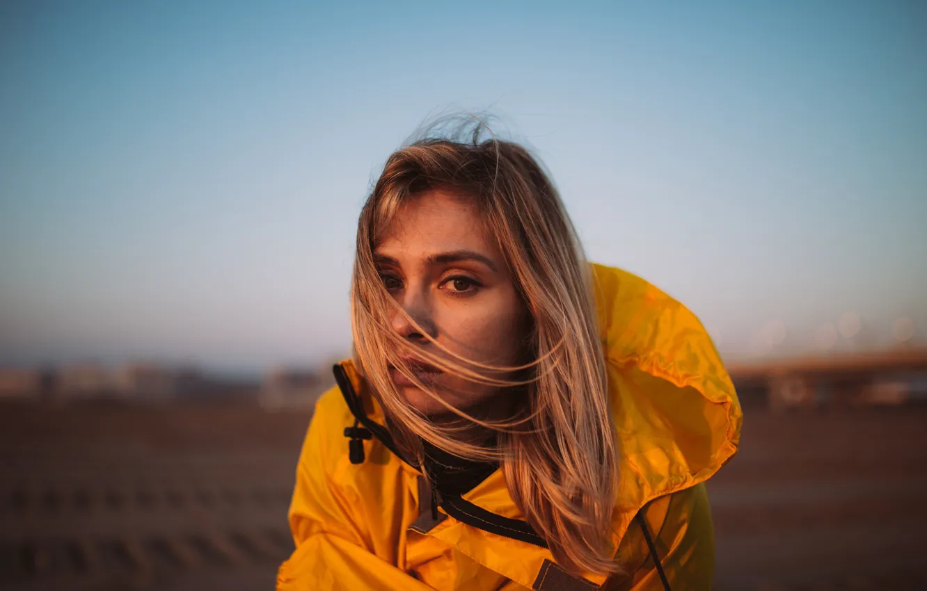 Photo wallpaper girl, brown eyes, photographer, model, blonde, jacket, hair in face, Mariano Felchle