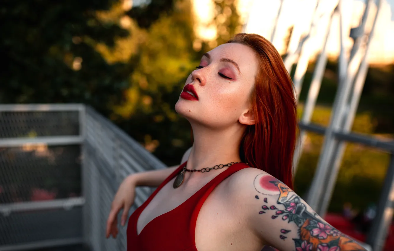 Photo wallpaper pose, model, portrait, makeup, tattoo, hairstyle, Angelina, in red