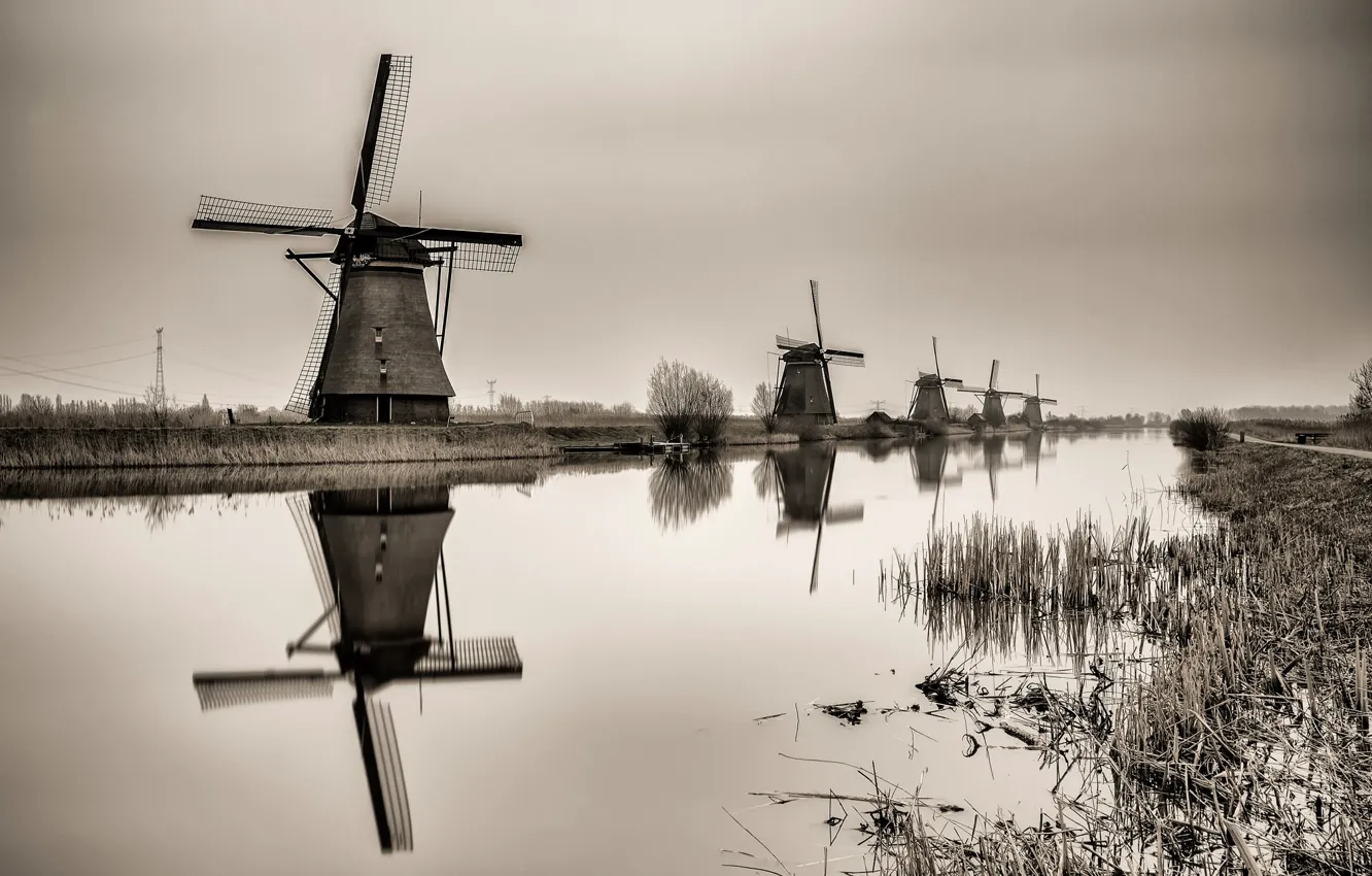 Photo wallpaper autumn, channel, Netherlands, windmill