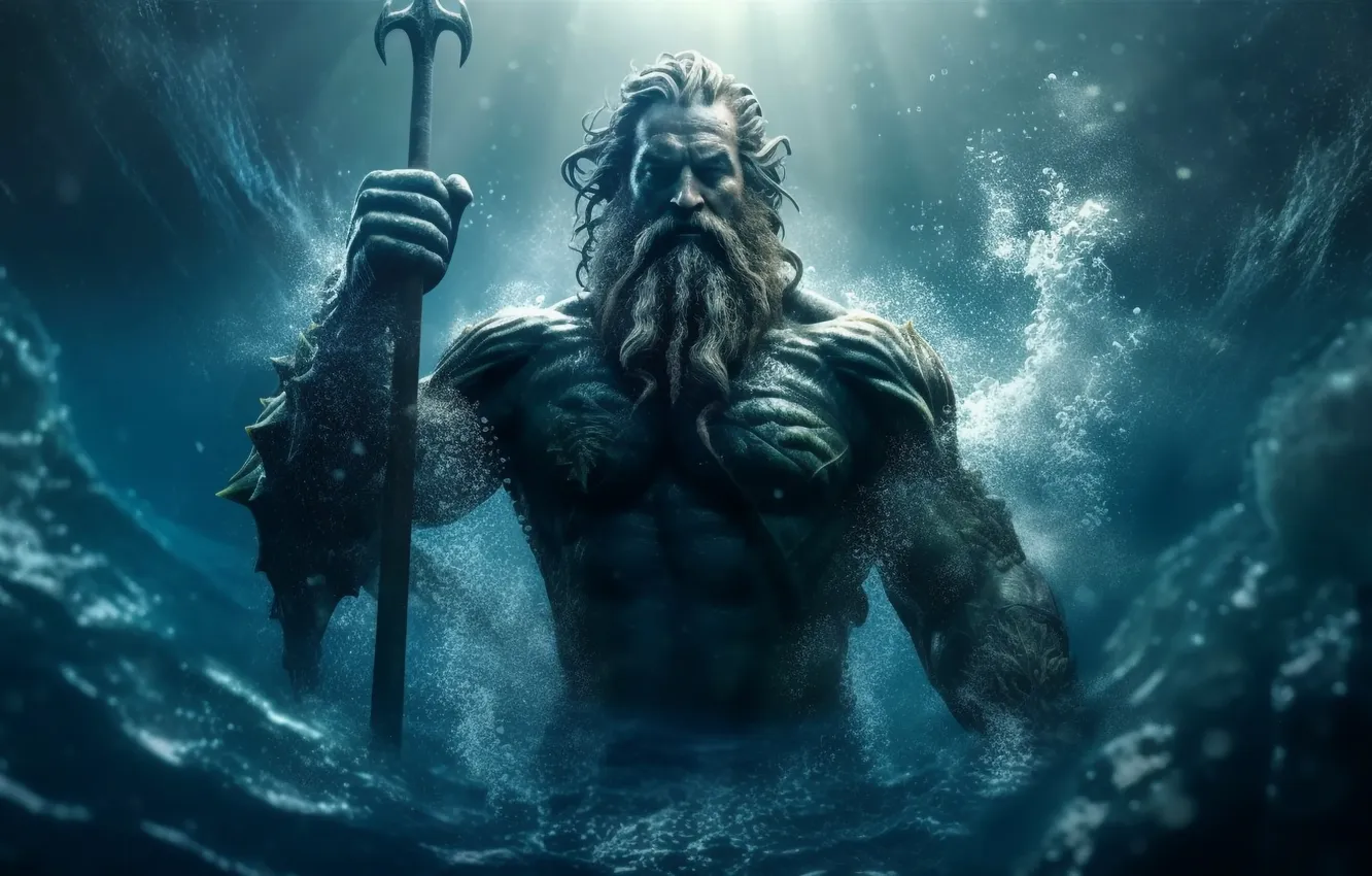 Photo wallpaper Trident, male, underwater world, Poseidon, digital art, the God of the seas, AI art, The …