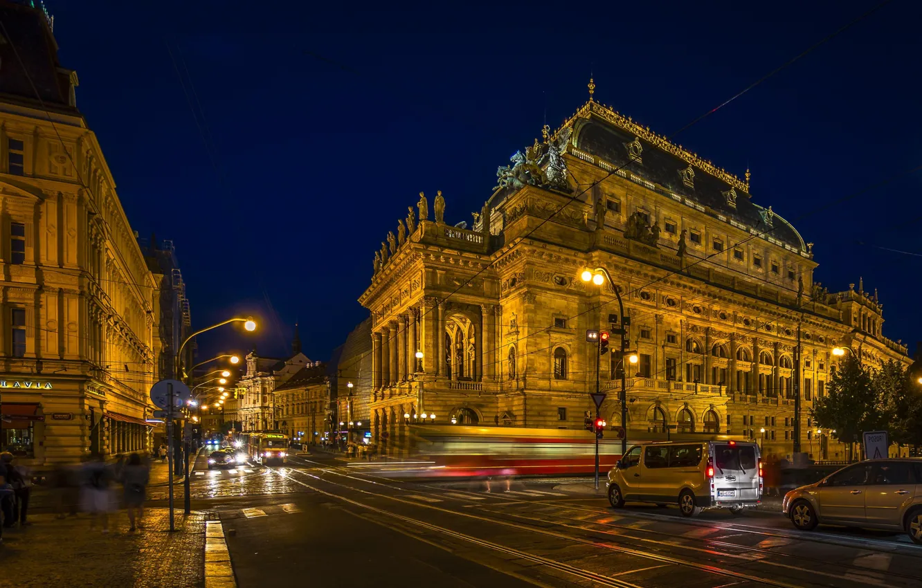 Photo wallpaper night, the city, Prague, Czech Republic, Praha, Prague national theatre