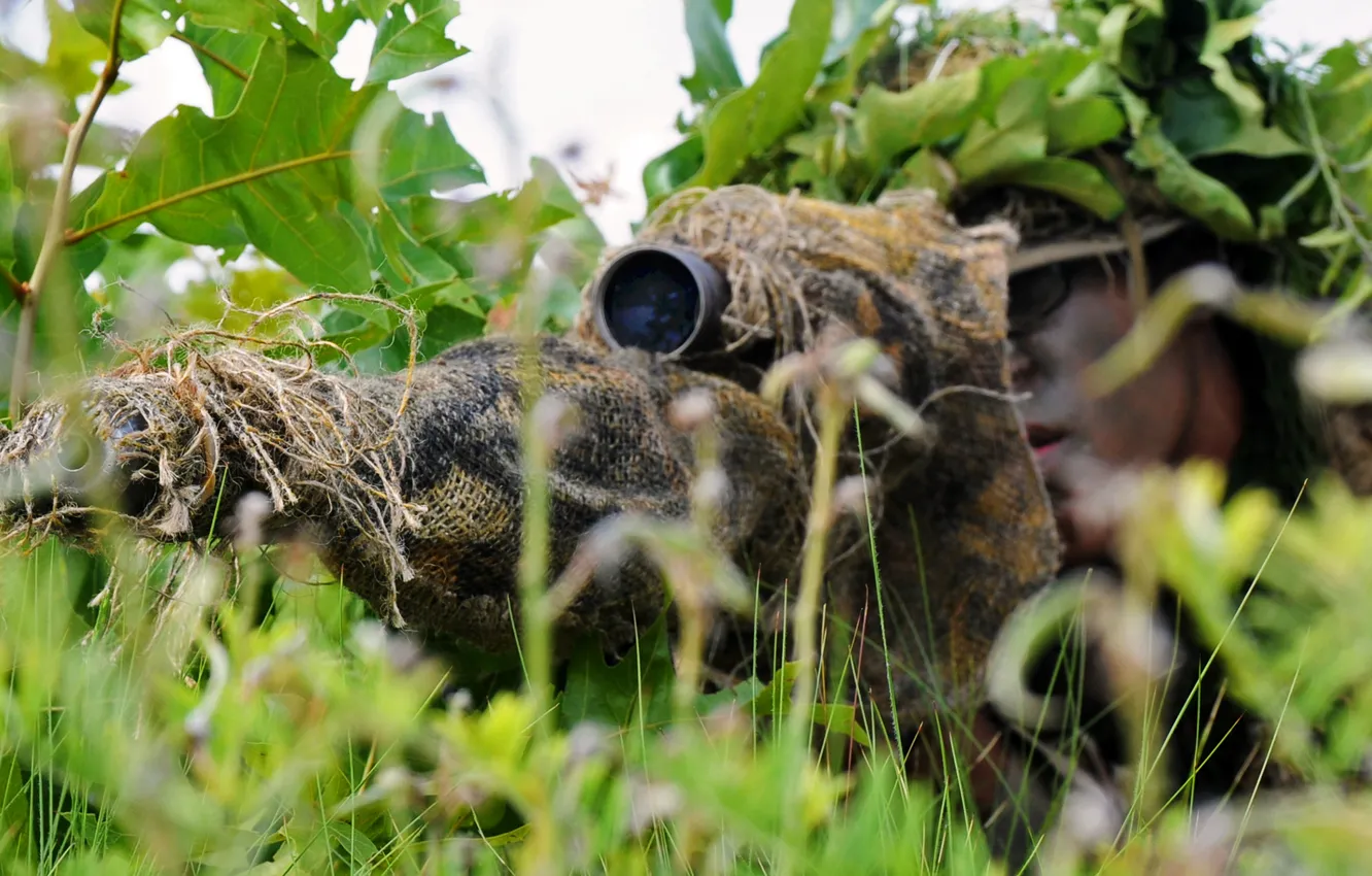 Photo wallpaper grass, ambush, disguise, sniper, sight, rifle