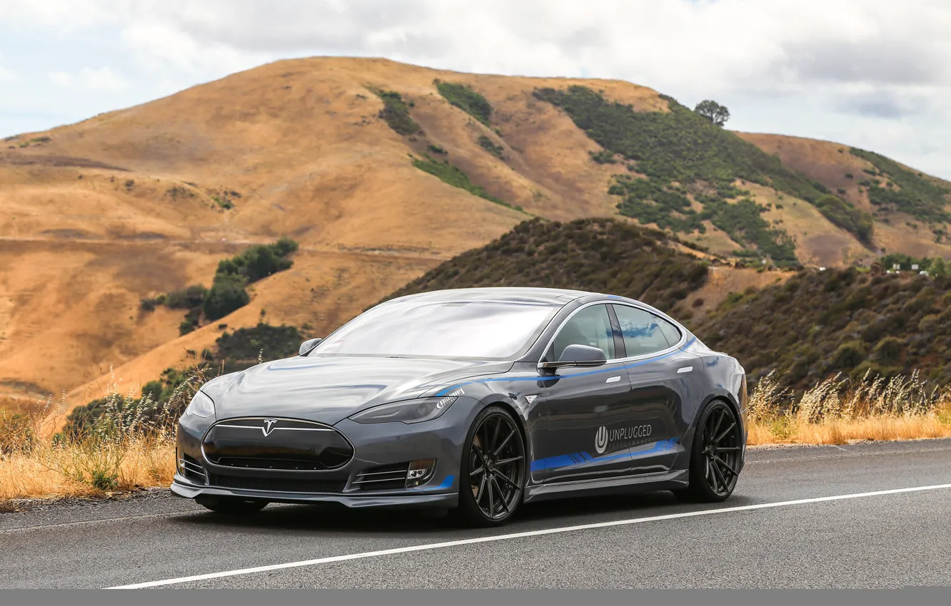 Photo wallpaper road, mountains, Tesla, electric car, model s