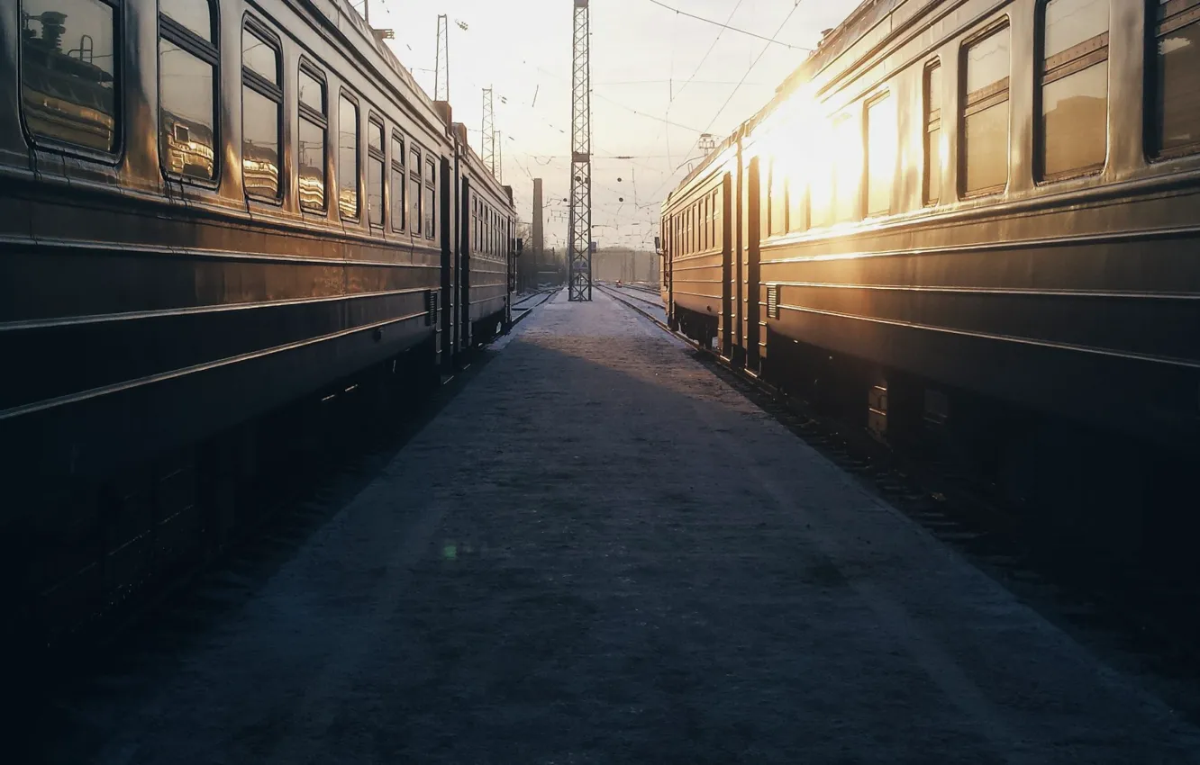 Photo wallpaper sunset, railways, Trains, tracks, wagons, stations