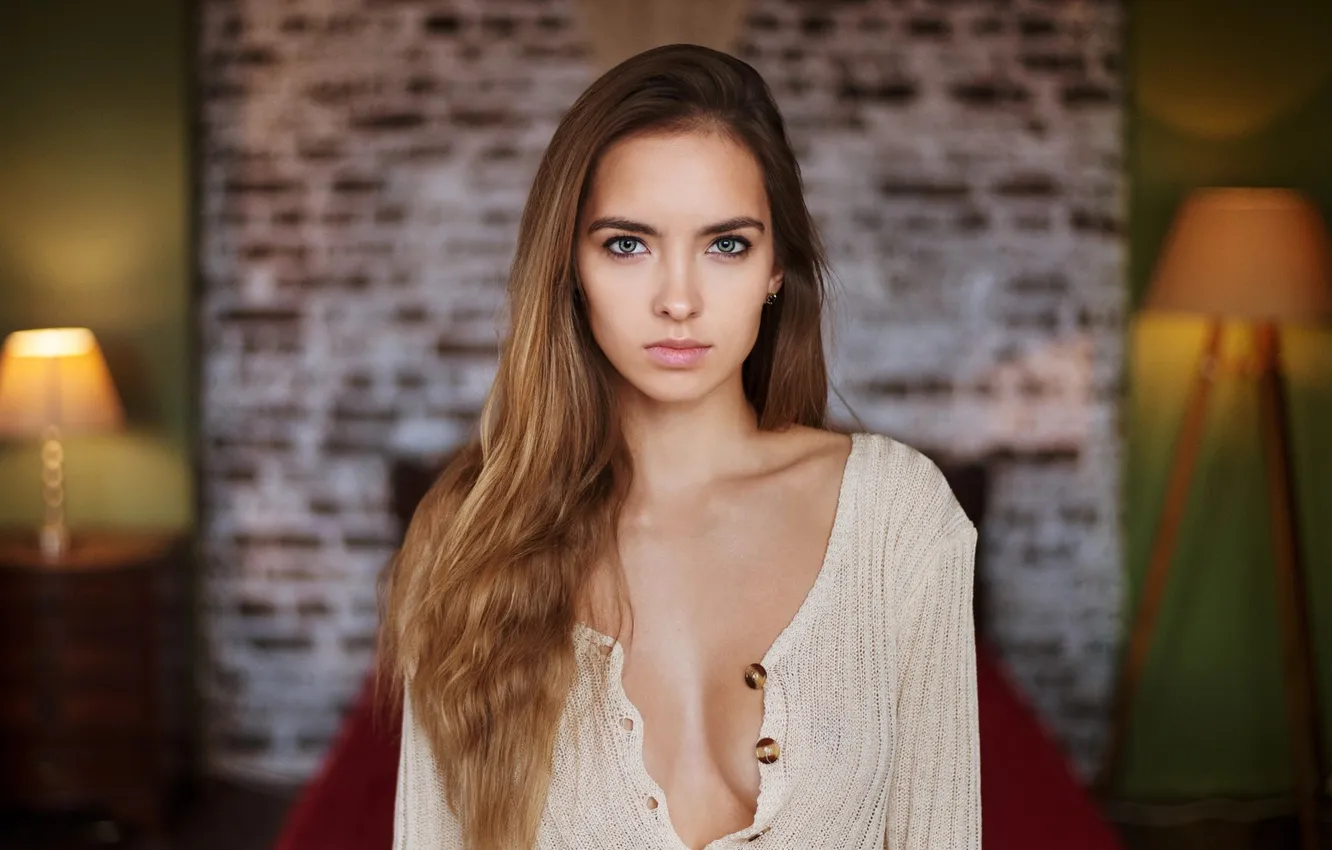 Photo wallpaper cleavage, model, looking at camera, Victoria Lukina, Unbuttoned