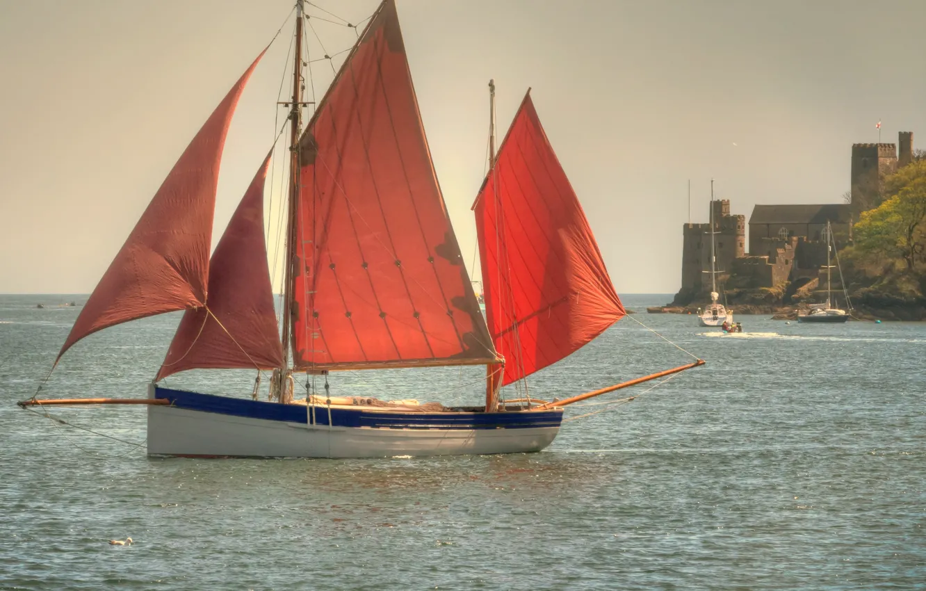 Photo wallpaper sea, the sky, castle, boat, sailboat