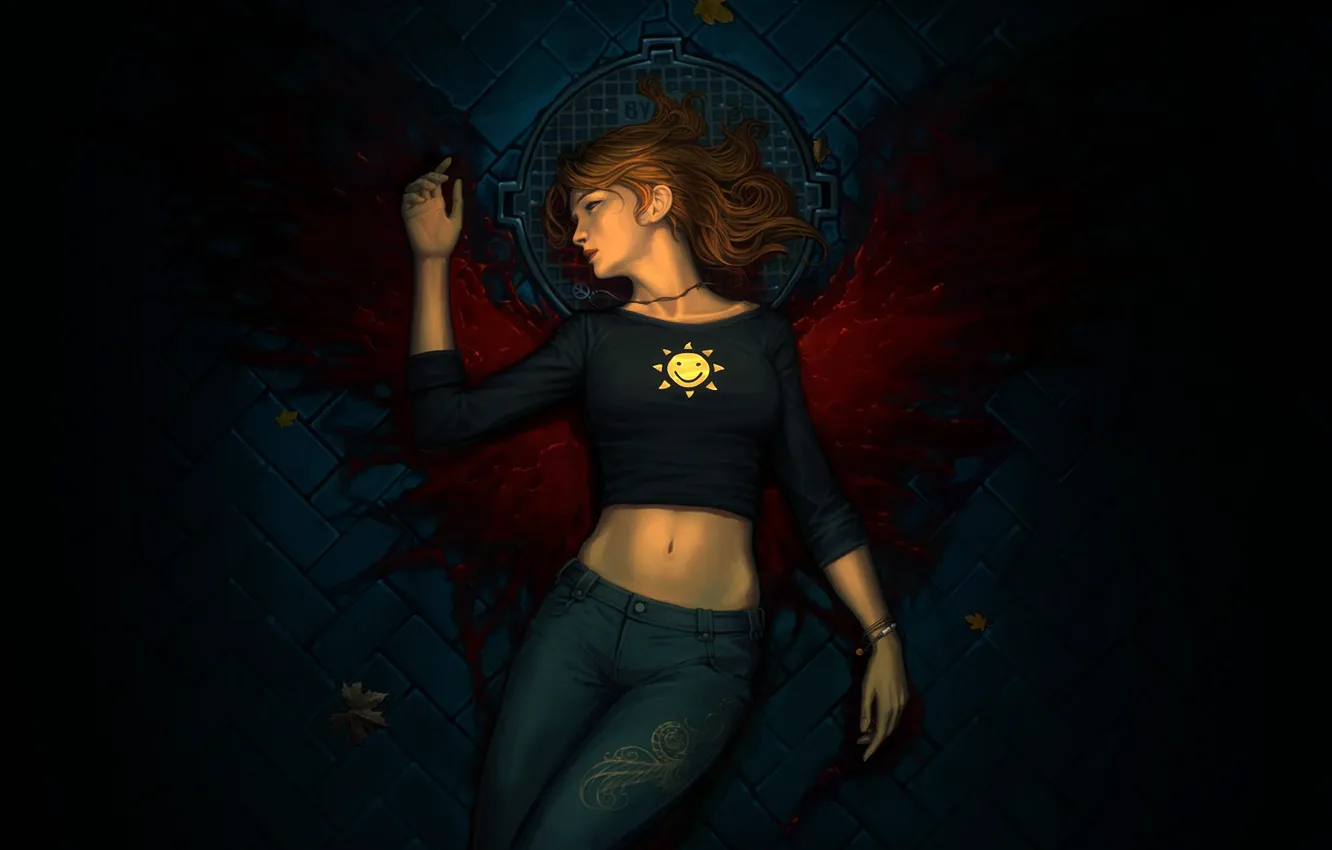 Photo wallpaper leaves, girl, blood, wings, jeans, pavers, art, cover