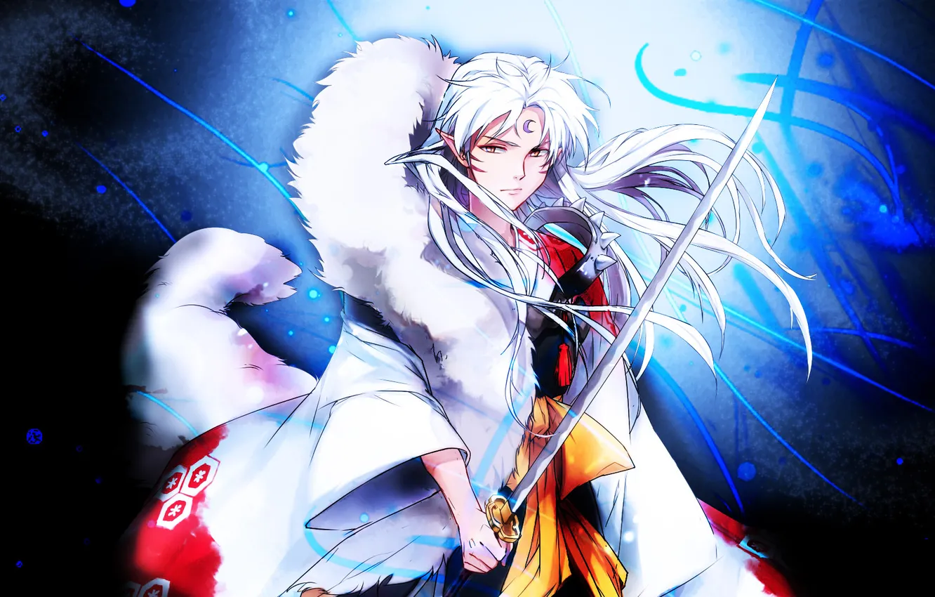 Photo wallpaper look, weapons, anime, art, white hair, InuYasha, Sesshomaru