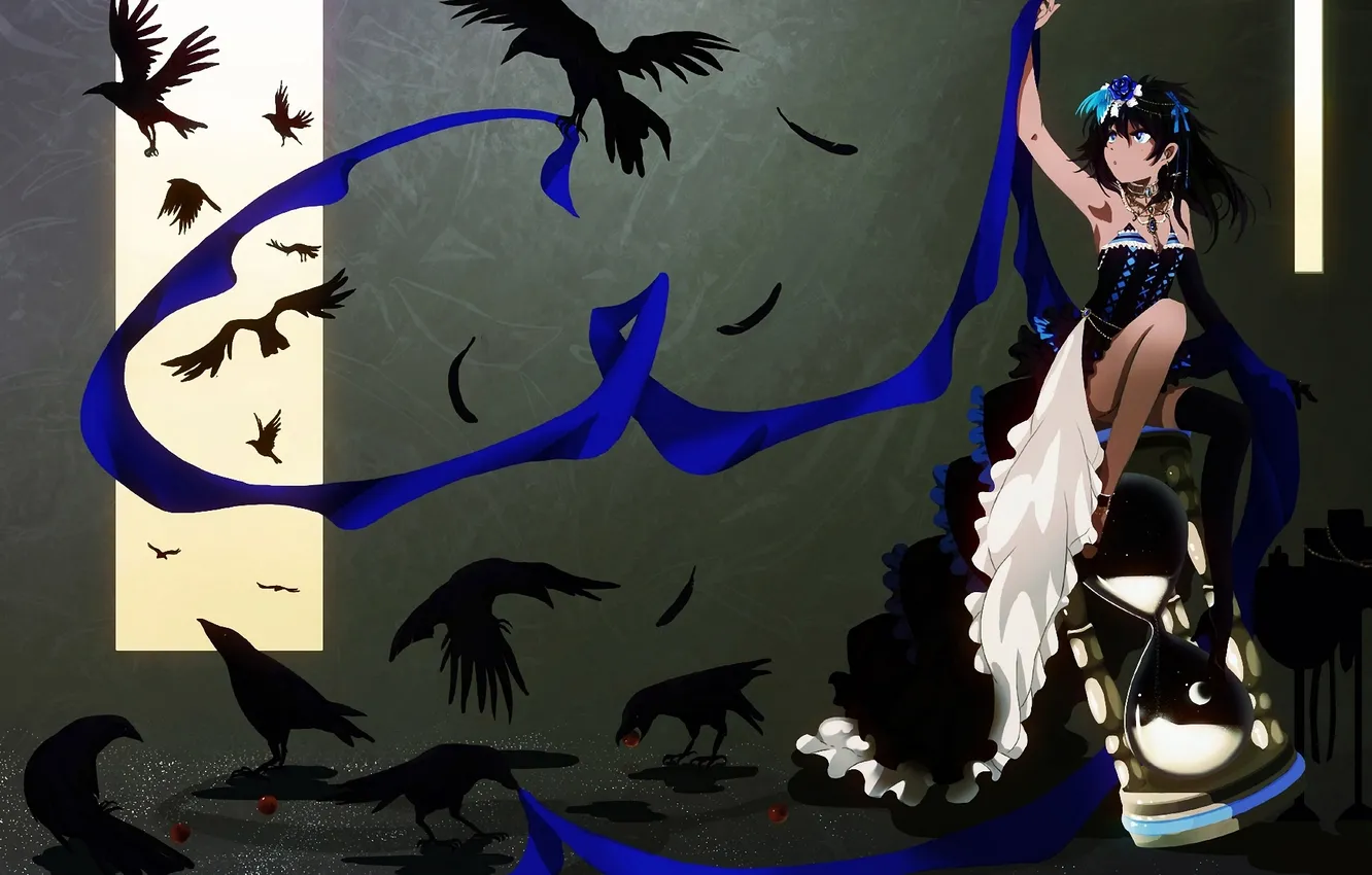 Photo wallpaper girl, bird, surrealism, art, tape, Raven, beads, hourglass
