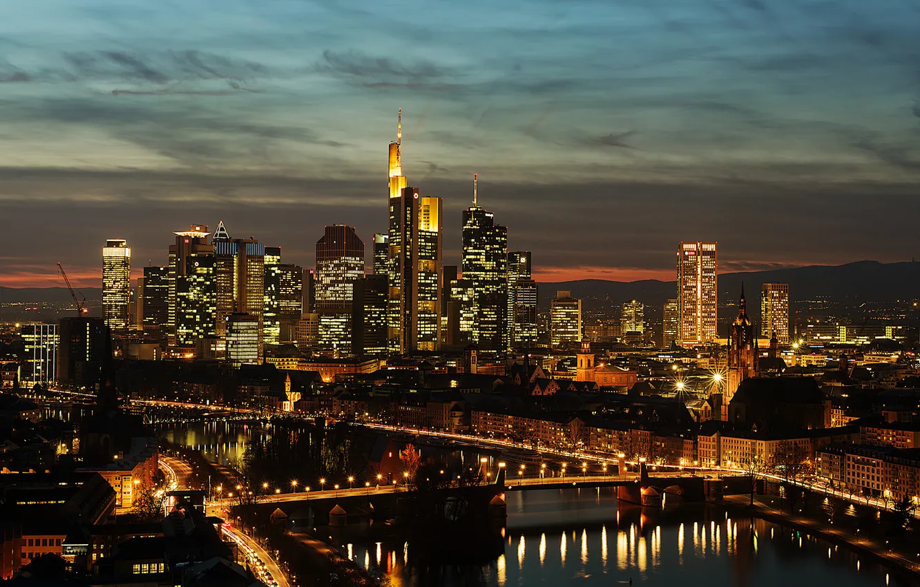 Photo wallpaper bridge, reflection, Germany, mirror, horizon, backlight, night, Frankfurt