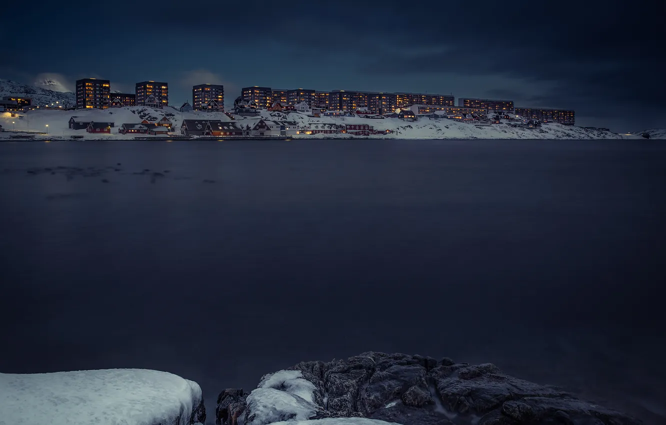 Photo wallpaper clouds, night, lights, lake, home, storm, Greenland, Nuuk