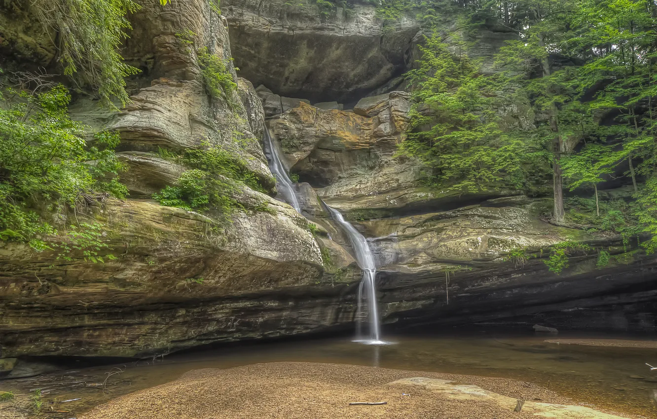 Photo wallpaper forest, rock, stones, waterfall