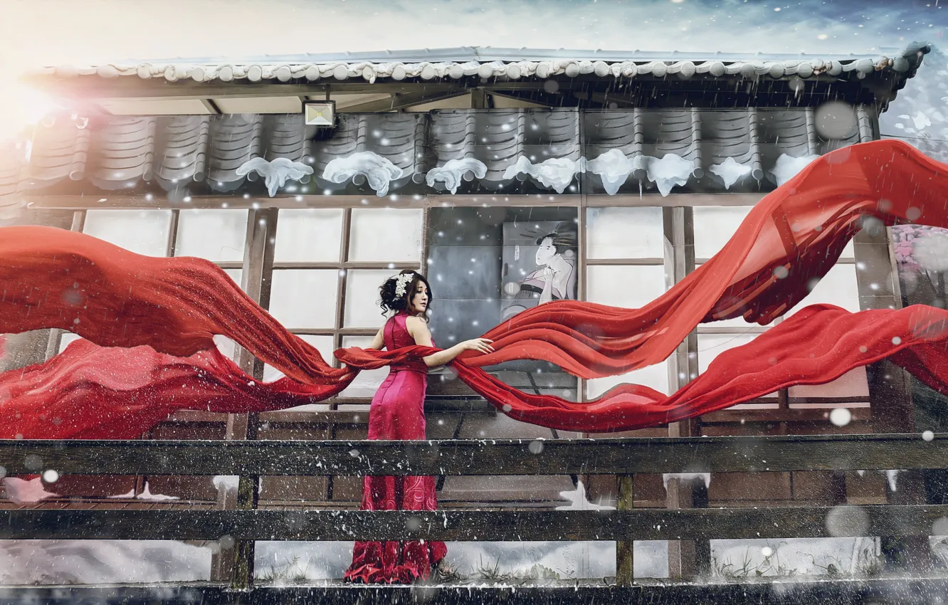 Photo wallpaper girl, style, photoshop, matter, fabric, Asian, red dress