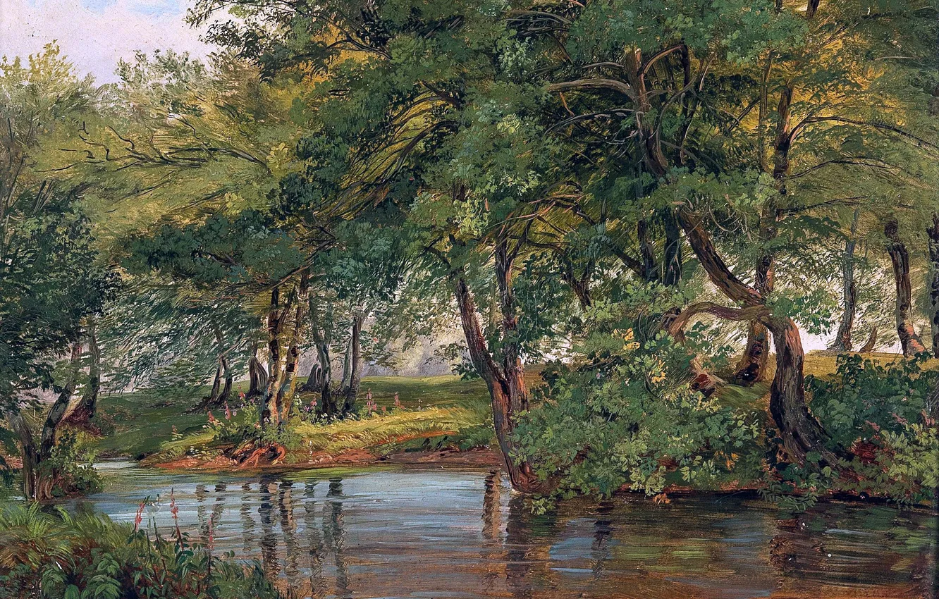 Photo wallpaper trees, picture, river, German artist, Friedrich Volz, Friedrich Voltz, Forest river landscape