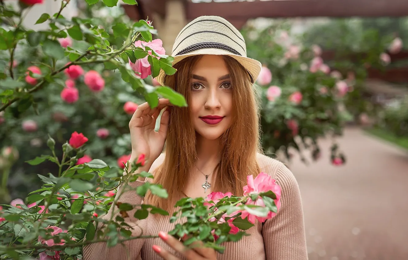 Photo wallpaper flowers, model, portrait, hat, makeup, hairstyle, redhead, the bushes