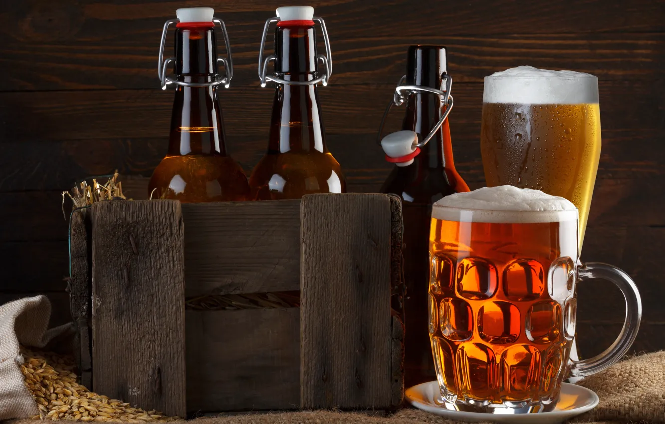 Photo wallpaper foam, glass, bottle, beer, grain, mug, box, burlap