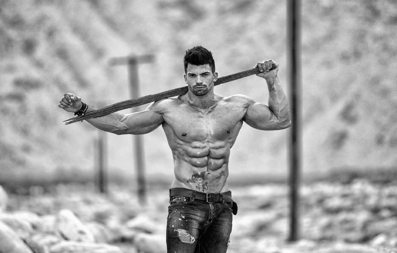 Photo wallpaper pose, guy, torso, stick, muscles, black and white photo