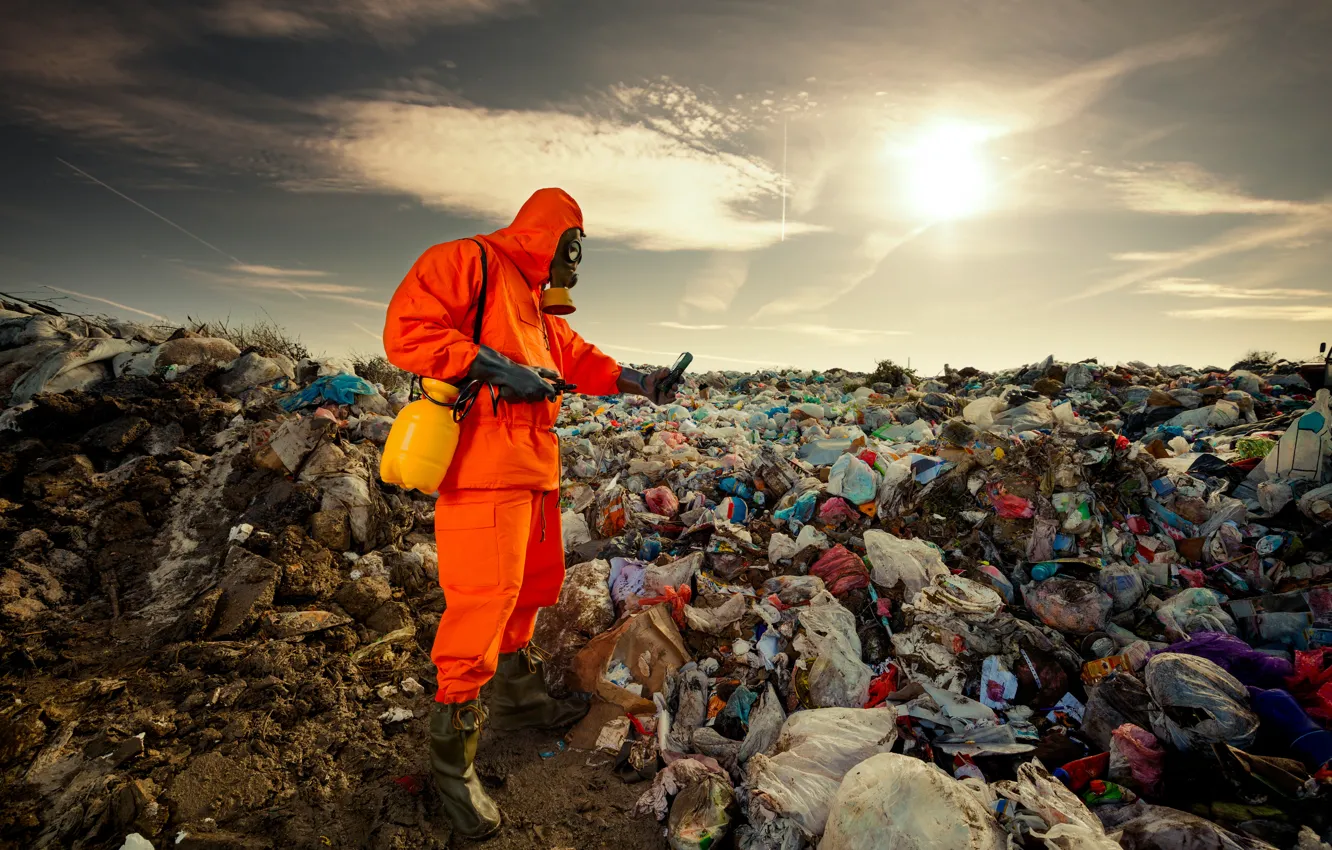 Photo wallpaper garbage, personal protective equipment, worker, pollution