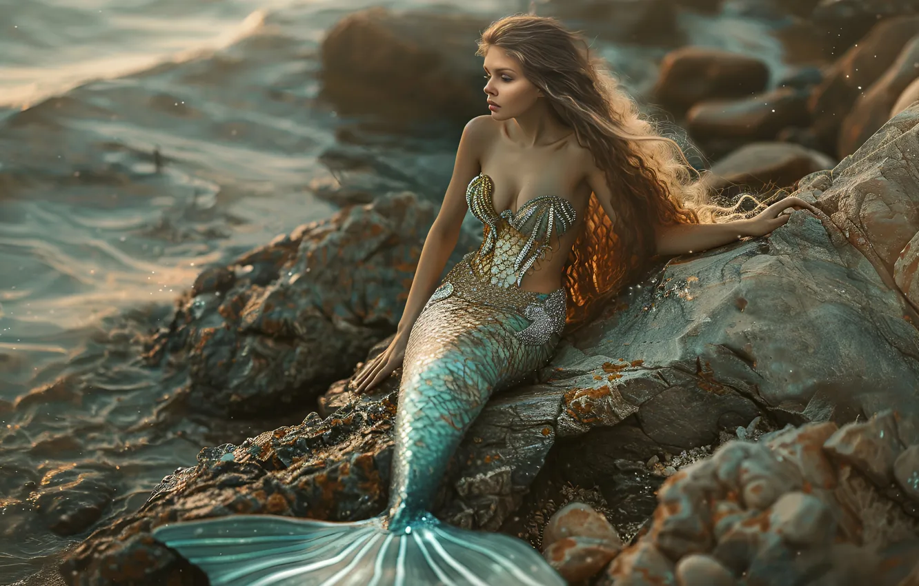 Photo wallpaper girl, stones, shore, hair, mermaid, tail, digital art, AI art