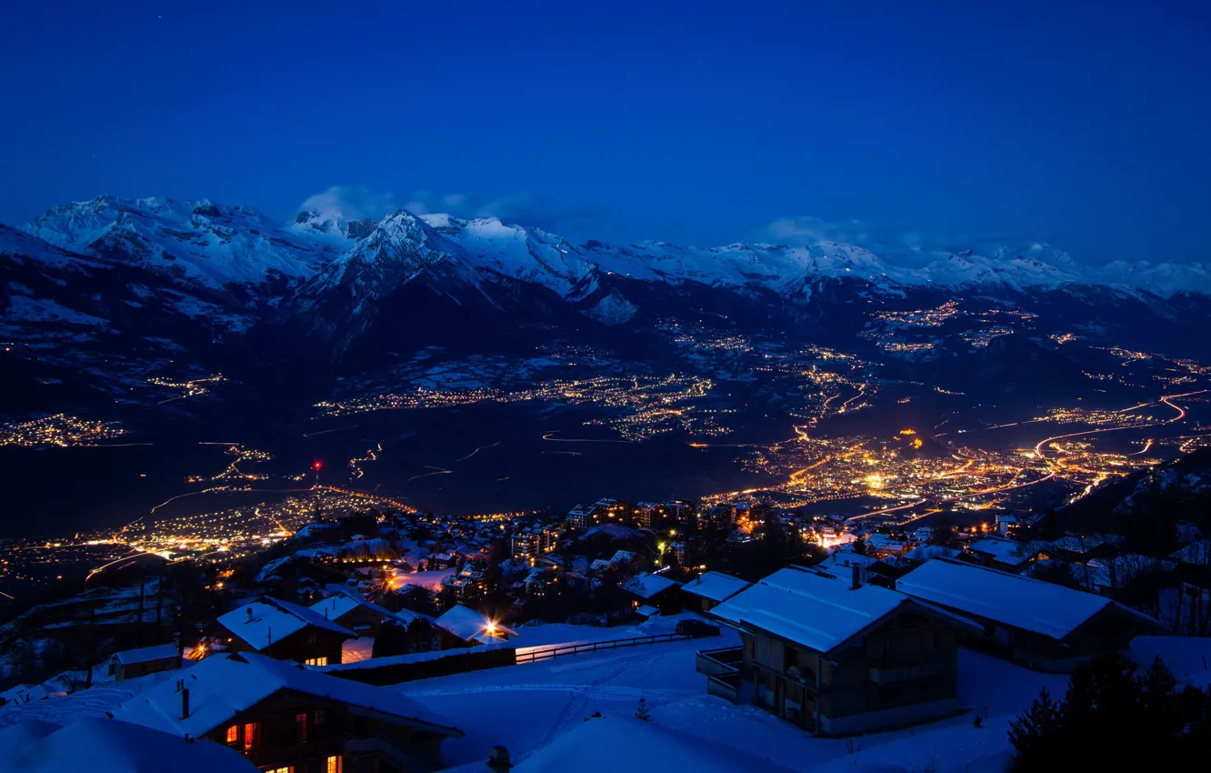 Photo wallpaper winter, snow, mountains, night, the city, lights, Switzerland, switzerland