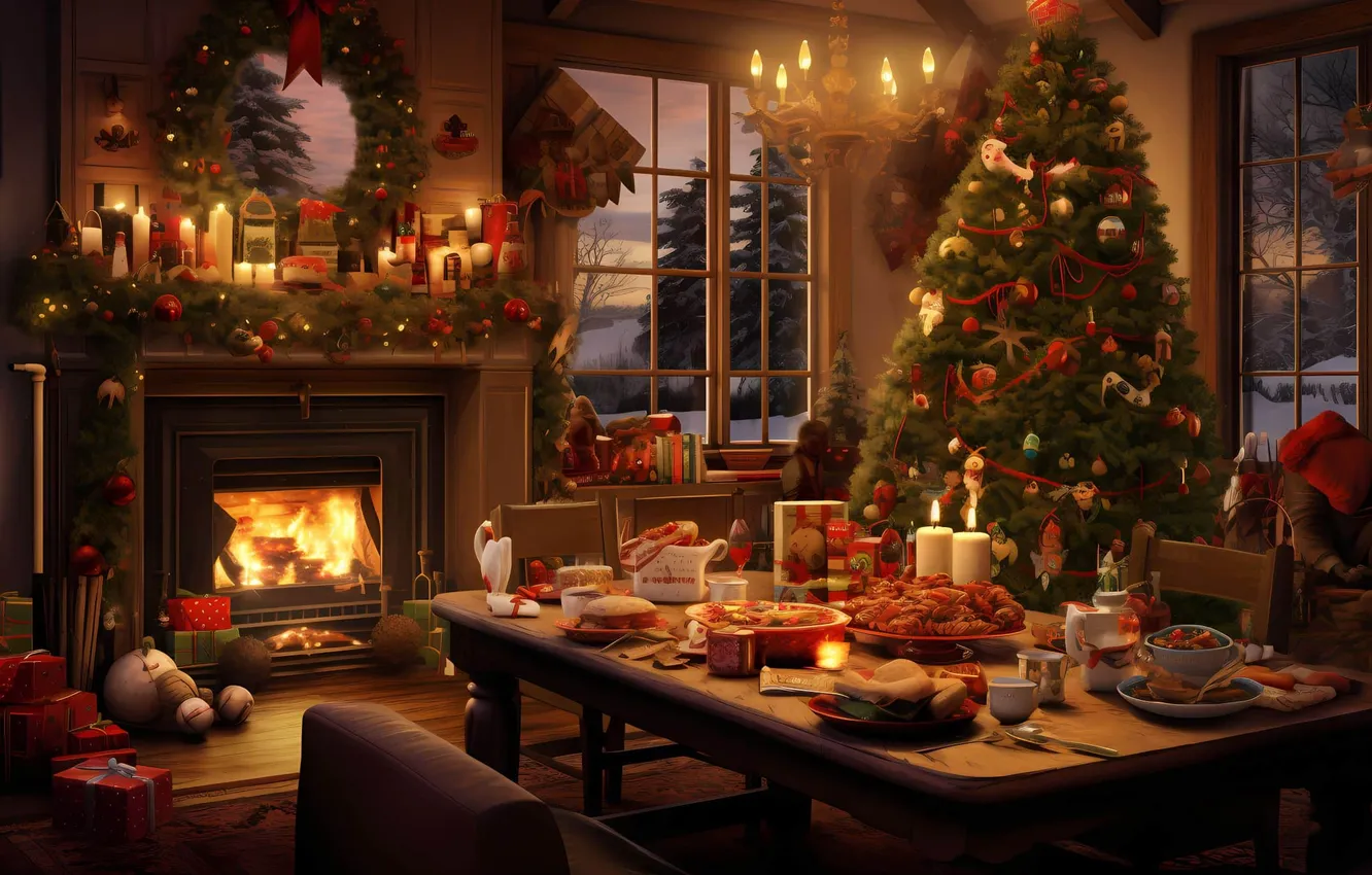 Photo wallpaper decoration, lights, heat, room, holiday, gift, tree, new year