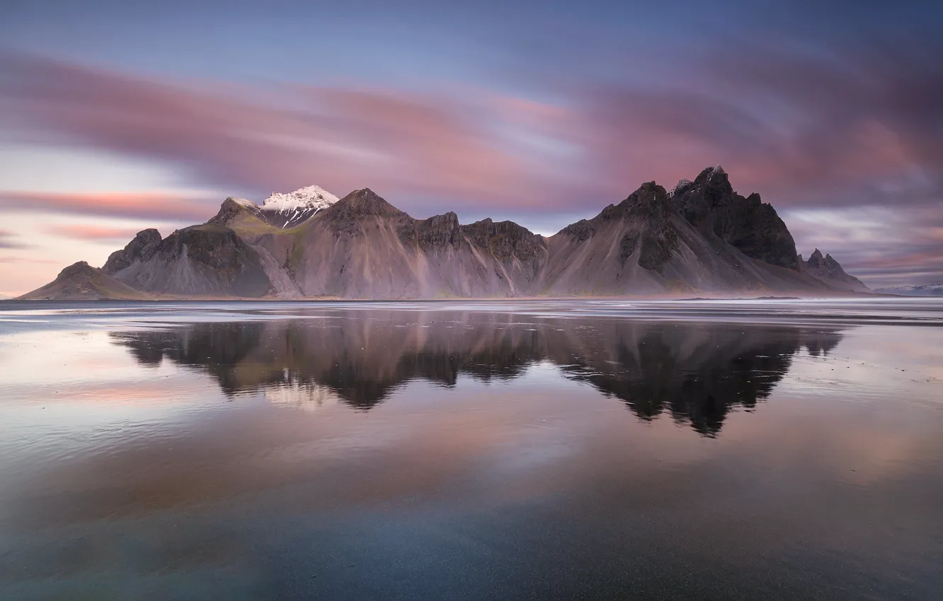 Photo wallpaper sea, mountains, reflection, Iceland, Iceland, Stokksnes, Have stoknes, Mountain Westerhorn