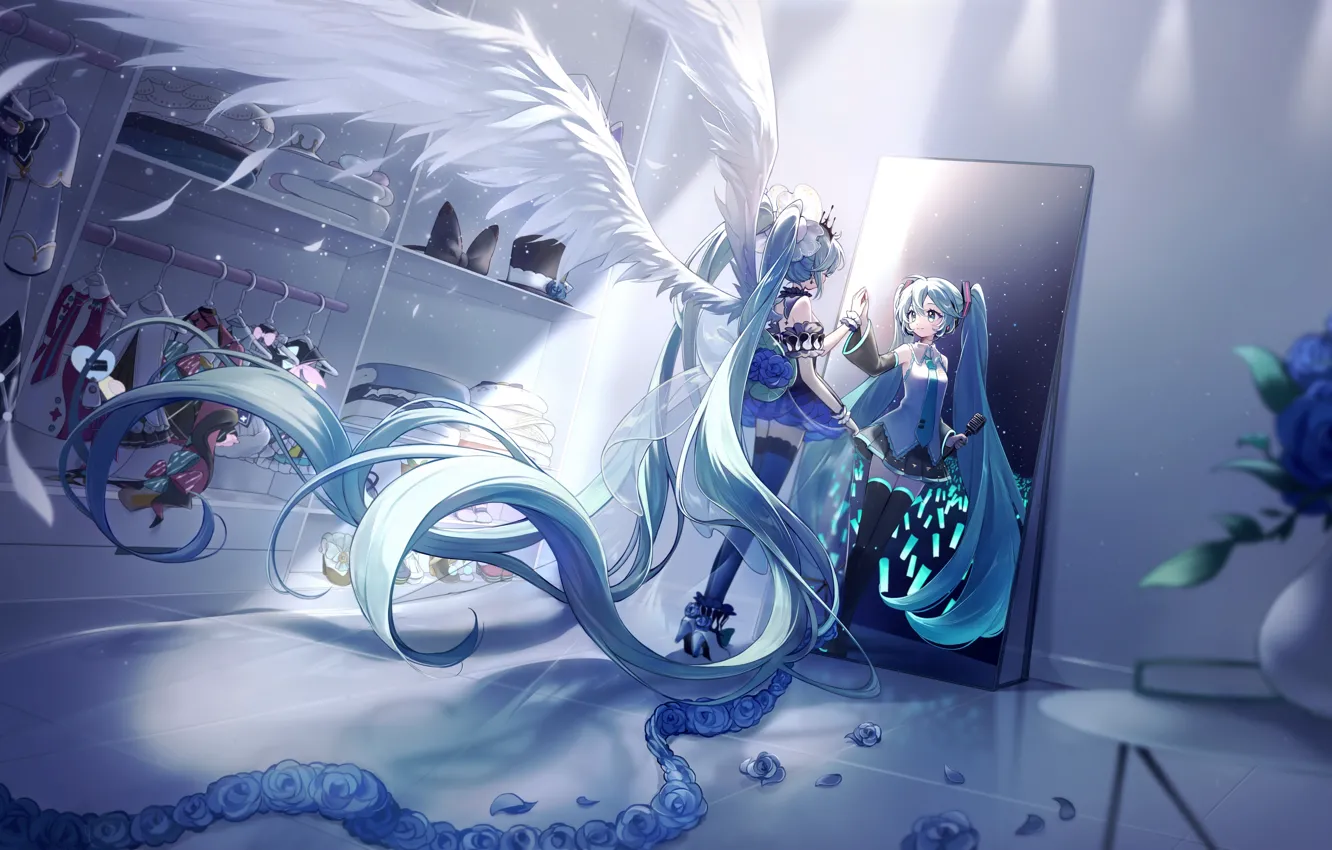 Photo wallpaper girl, flowers, room, angel, vocaloid, hatsune miku, yuki miku, mikrafon