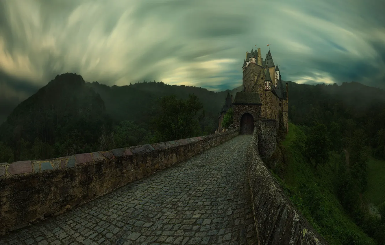 Photo wallpaper forest, the sky, clouds, mountains, bridge, castle, overcast, Germany