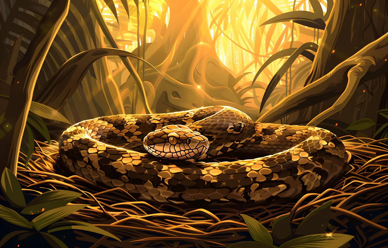 Photo wallpaper forest, grass, leaves, trees, animal, snake, art, reptile