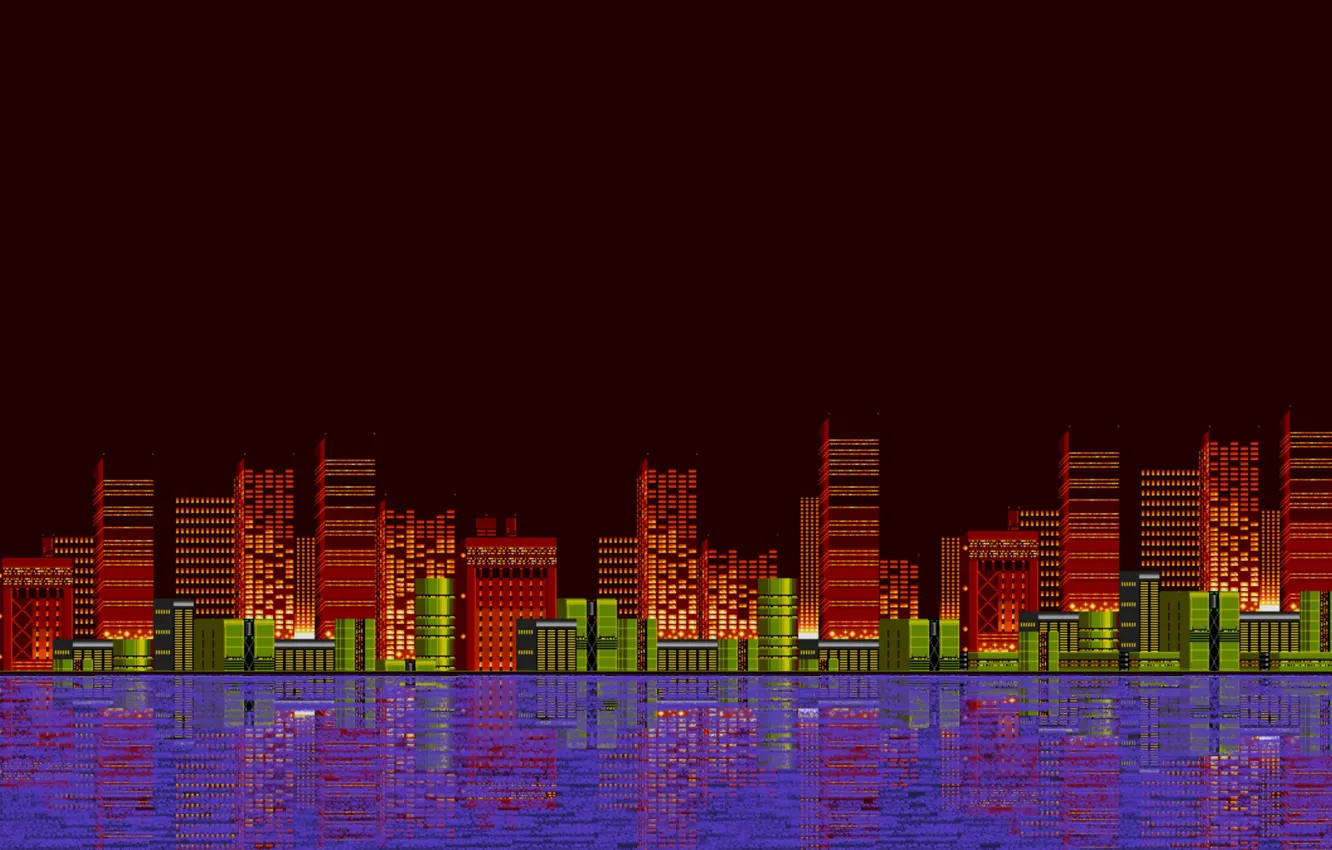 Photo wallpaper Water, Reflection, The city, Retro, Art, Graphics, Pixels, 8bit