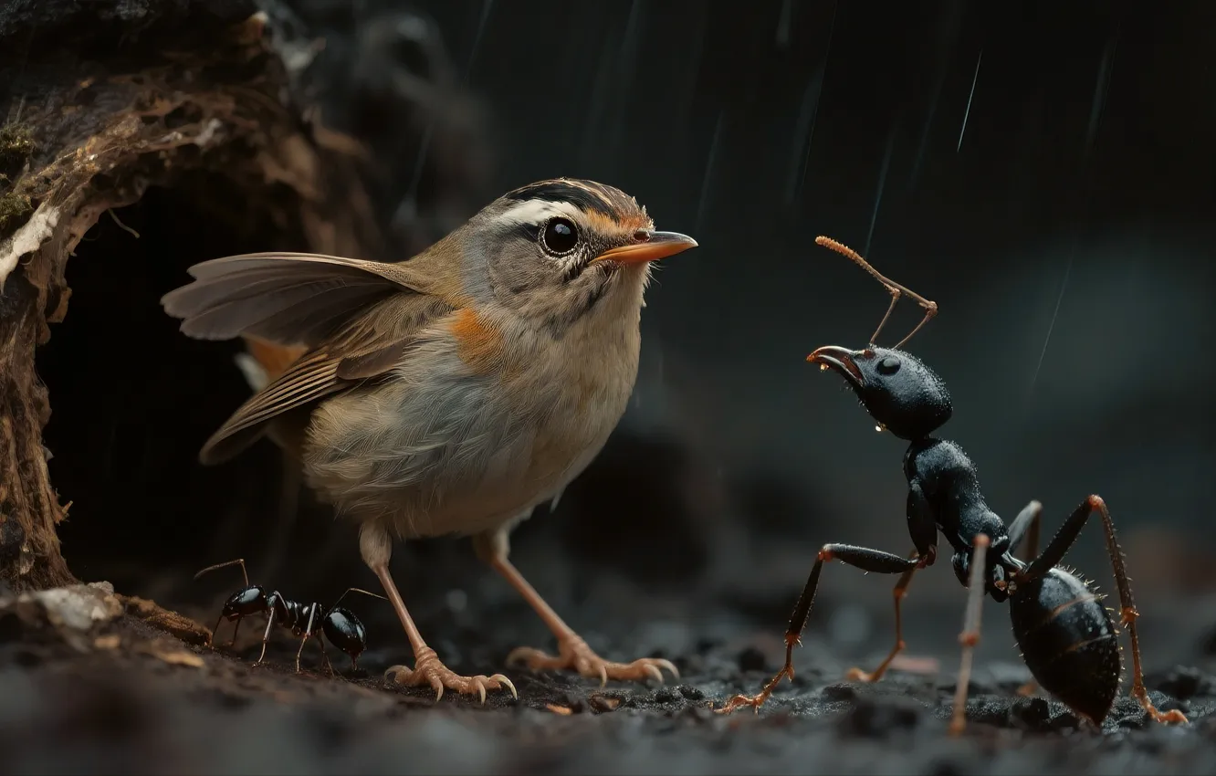 Photo wallpaper rain, meeting, Nora, ants, insect, bird, digital art, digital art