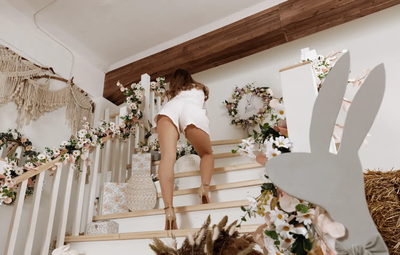 Photo wallpaper long hair, flowers, model, brunette, bunny, sexy woman, gorgeous, posing