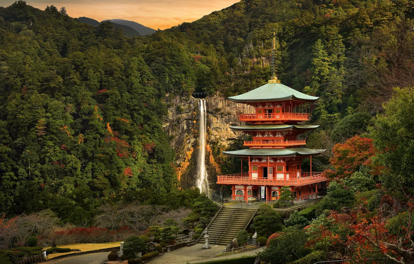 Photo wallpaper autumn, forest, trees, mountains, red, rocks, Asia, building